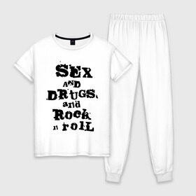 Женская пижама хлопок с принтом Sex and drugs and rock n roll (2) , 100% хлопок | брюки и футболка прямого кроя, без карманов, на брюках мягкая резинка на поясе и по низу штанин | Тематика изображения на принте: drugs | rock | rocknroll | рок | рок н ролл | рокролл