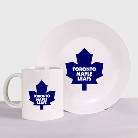 Набор: тарелка + кружка с принтом Toronto Maple Leafs , керамика | Кружка: объем — 330 мл, диаметр — 80 мм. Принт наносится на бока кружки, можно сделать два разных изображения. 
Тарелка: диаметр - 210 мм, диаметр для нанесения принта - 120 мм. | 