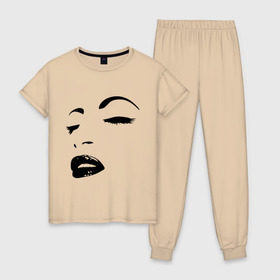 Женская пижама хлопок с принтом Лицо , 100% хлопок | брюки и футболка прямого кроя, без карманов, на брюках мягкая резинка на поясе и по низу штанин | глаза | губы | девушка | лицо