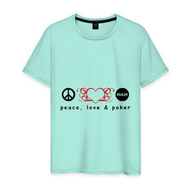 Мужская футболка хлопок с принтом Мир, Любовь и Покер , 100% хлопок | прямой крой, круглый вырез горловины, длина до линии бедер, слегка спущенное плечо. | love | peace | poker | любовь | мир | покер