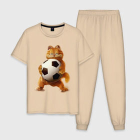 Мужская пижама хлопок с принтом Гарфилд (3) , 100% хлопок | брюки и футболка прямого кроя, без карманов, на брюках мягкая резинка на поясе и по низу штанин
 | garfield | гарфилд | кот | коты | кошки | мульт | мультик | мульфильм | мяч | футбольный мяч