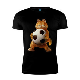 Мужская футболка премиум с принтом Гарфилд (3) , 92% хлопок, 8% лайкра | приталенный силуэт, круглый вырез ворота, длина до линии бедра, короткий рукав | garfield | гарфилд | кот | коты | кошки | мульт | мультик | мульфильм | мяч | футбольный мяч