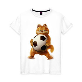 Женская футболка хлопок с принтом Гарфилд (3) , 100% хлопок | прямой крой, круглый вырез горловины, длина до линии бедер, слегка спущенное плечо | garfield | гарфилд | кот | коты | кошки | мульт | мультик | мульфильм | мяч | футбольный мяч