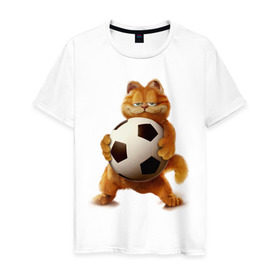 Мужская футболка хлопок с принтом Гарфилд (3) , 100% хлопок | прямой крой, круглый вырез горловины, длина до линии бедер, слегка спущенное плечо. | garfield | гарфилд | кот | коты | кошки | мульт | мультик | мульфильм | мяч | футбольный мяч