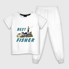 Детская пижама хлопок с принтом Best fisher , 100% хлопок |  брюки и футболка прямого кроя, без карманов, на брюках мягкая резинка на поясе и по низу штанин
 | клев | лодка | лучший рыбак | на рыбалке | ноживка | рыбак в лодке | рыбалка | удочка | улов