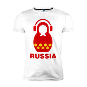 Мужская футболка премиум с принтом Russia dj , 92% хлопок, 8% лайкра | приталенный силуэт, круглый вырез ворота, длина до линии бедра, короткий рукав | диджей | матрешка | наушники | россия