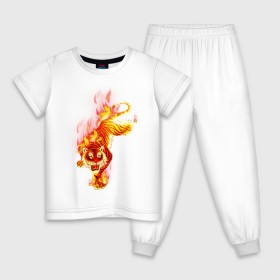 Детская пижама хлопок с принтом Тигр в огне , 100% хлопок |  брюки и футболка прямого кроя, без карманов, на брюках мягкая резинка на поясе и по низу штанин
 | Тематика изображения на принте: животные | огонь | пламя | тигр в огне | тирг | хищники