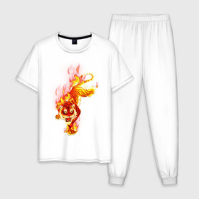 Мужская пижама хлопок с принтом Тигр в огне , 100% хлопок | брюки и футболка прямого кроя, без карманов, на брюках мягкая резинка на поясе и по низу штанин
 | животные | огонь | пламя | тигр в огне | тирг | хищники