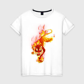 Женская футболка хлопок с принтом Тигр в огне , 100% хлопок | прямой крой, круглый вырез горловины, длина до линии бедер, слегка спущенное плечо | Тематика изображения на принте: животные | огонь | пламя | тигр в огне | тирг | хищники