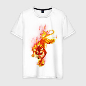 Мужская футболка хлопок с принтом Тигр в огне , 100% хлопок | прямой крой, круглый вырез горловины, длина до линии бедер, слегка спущенное плечо. | животные | огонь | пламя | тигр в огне | тирг | хищники