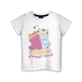 Детская футболка хлопок с принтом Sweer Love , 100% хлопок | круглый вырез горловины, полуприлегающий силуэт, длина до линии бедер | Тематика изображения на принте: sweer love | кошки | любовь | сердечки | сладкая любовь