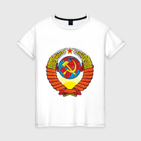 Женская футболка хлопок с принтом СССР (4) , 100% хлопок | прямой крой, круглый вырез горловины, длина до линии бедер, слегка спущенное плечо | герб ссср | ссср | я русский