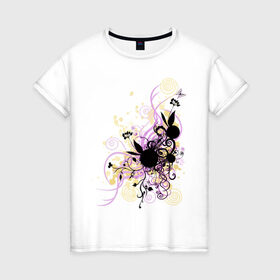 Женская футболка хлопок с принтом 2 rabbit in flowers , 100% хлопок | прямой крой, круглый вырез горловины, длина до линии бедер, слегка спущенное плечо | flowers | playboy | зайчик | плейбой | цветы