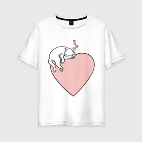Женская футболка хлопок Oversize с принтом Кошка на сердце , 100% хлопок | свободный крой, круглый ворот, спущенный рукав, длина до линии бедер
 | животные | коты | кошка | кошки | сердечки | сердце