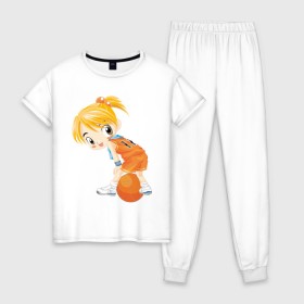 Женская пижама хлопок с принтом Баскетболистка , 100% хлопок | брюки и футболка прямого кроя, без карманов, на брюках мягкая резинка на поясе и по низу штанин | баскетбольный мяч | девочка баскетболистка