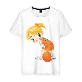 Мужская футболка хлопок с принтом Баскетболистка , 100% хлопок | прямой крой, круглый вырез горловины, длина до линии бедер, слегка спущенное плечо. | Тематика изображения на принте: баскетбольный мяч | девочка баскетболистка