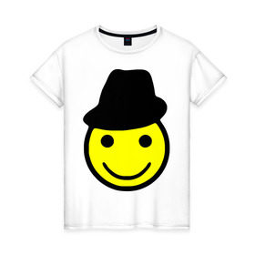 Женская футболка хлопок с принтом Smile in a hat , 100% хлопок | прямой крой, круглый вырез горловины, длина до линии бедер, слегка спущенное плечо | 