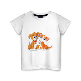 Детская футболка хлопок с принтом Щенок и котёнок , 100% хлопок | круглый вырез горловины, полуприлегающий силуэт, длина до линии бедер | кот | котенок | котик | пес | щенок