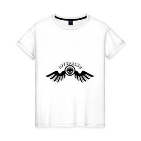 Женская футболка хлопок с принтом Offspring логотип с крыльями , 100% хлопок | прямой крой, круглый вырез горловины, длина до линии бедер, слегка спущенное плечо | крылья offspring | офспринг