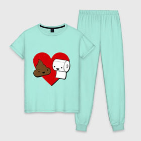 Женская пижама хлопок с принтом Какашка и бумага , 100% хлопок | брюки и футболка прямого кроя, без карманов, на брюках мягкая резинка на поясе и по низу штанин | love. сердце | бумага | вместе навсегда | любовь | туалетная бумага