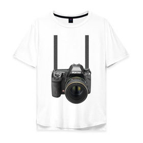 Мужская футболка хлопок Oversize с принтом Фотоаппарат на шее , 100% хлопок | свободный крой, круглый ворот, “спинка” длиннее передней части | прикольные | рисунок | турист | фотоаппарат