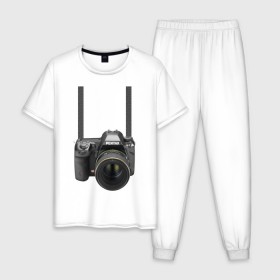 Мужская пижама хлопок с принтом Фотоаппарат на шее , 100% хлопок | брюки и футболка прямого кроя, без карманов, на брюках мягкая резинка на поясе и по низу штанин
 | прикольные | рисунок | турист | фотоаппарат