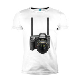 Мужская футболка премиум с принтом Фотоаппарат на шее , 92% хлопок, 8% лайкра | приталенный силуэт, круглый вырез ворота, длина до линии бедра, короткий рукав | прикольные | рисунок | турист | фотоаппарат
