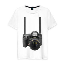 Мужская футболка хлопок с принтом Фотоаппарат на шее , 100% хлопок | прямой крой, круглый вырез горловины, длина до линии бедер, слегка спущенное плечо. | прикольные | рисунок | турист | фотоаппарат