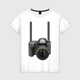 Женская футболка хлопок с принтом Фотоаппарат на шее , 100% хлопок | прямой крой, круглый вырез горловины, длина до линии бедер, слегка спущенное плечо | прикольные | рисунок | турист | фотоаппарат