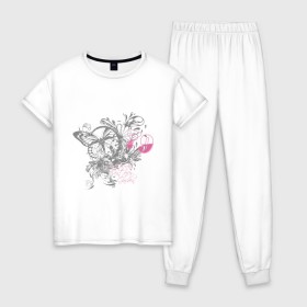 Женская пижама хлопок с принтом Бабочка и цветы , 100% хлопок | брюки и футболка прямого кроя, без карманов, на брюках мягкая резинка на поясе и по низу штанин | бабочка