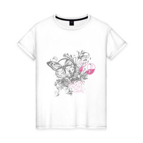 Женская футболка хлопок с принтом Бабочка и цветы , 100% хлопок | прямой крой, круглый вырез горловины, длина до линии бедер, слегка спущенное плечо | бабочка