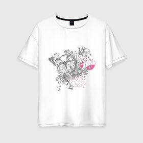 Женская футболка хлопок Oversize с принтом Бабочка и цветы , 100% хлопок | свободный крой, круглый ворот, спущенный рукав, длина до линии бедер
 | бабочка