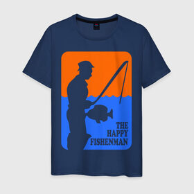 Мужская футболка хлопок с принтом Счастливый рыбак , 100% хлопок | прямой крой, круглый вырез горловины, длина до линии бедер, слегка спущенное плечо. | fishenman | happy | рыба | рыбалка | счастье