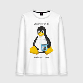 Мужской лонгслив хлопок с принтом Drink your OS And smell Linux , 100% хлопок |  | пингвин