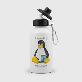Бутылка спортивная с принтом Drink your OS And smell Linux , металл | емкость — 500 мл, в комплекте две пластиковые крышки и карабин для крепления | Тематика изображения на принте: пингвин