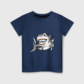 Детская футболка хлопок с принтом Акула решила пообедать , 100% хлопок | круглый вырез горловины, полуприлегающий силуэт, длина до линии бедер | акула | животные | обед | хищник