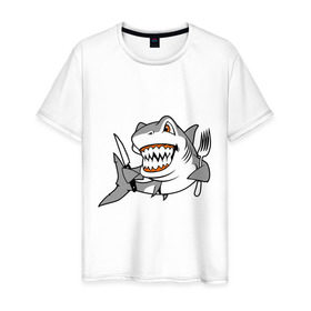Мужская футболка хлопок с принтом Акула решила пообедать , 100% хлопок | прямой крой, круглый вырез горловины, длина до линии бедер, слегка спущенное плечо. | акула | животные | обед | хищник