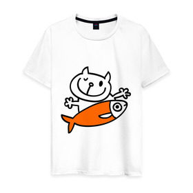 Мужская футболка хлопок с принтом Кот и большая рыба , 100% хлопок | прямой крой, круглый вырез горловины, длина до линии бедер, слегка спущенное плечо. | Тематика изображения на принте: довольный кот | кот | коты | котя | рыба | сытый кот