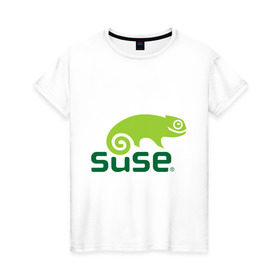 Женская футболка хлопок с принтом Suse , 100% хлопок | прямой крой, круглый вырез горловины, длина до линии бедер, слегка спущенное плечо | linux | suse | линукс | программа | софт