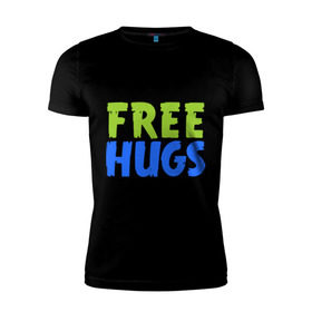 Мужская футболка премиум с принтом Объятия бесплатно , 92% хлопок, 8% лайкра | приталенный силуэт, круглый вырез ворота, длина до линии бедра, короткий рукав | free hugs | обнимать | объятия бесплатно | подарите людям свои теплые дружеские объятияобниматься