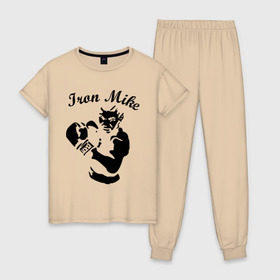 Женская пижама хлопок с принтом Майк Тайсон , 100% хлопок | брюки и футболка прямого кроя, без карманов, на брюках мягкая резинка на поясе и по низу штанин | mike tyson | железный майк