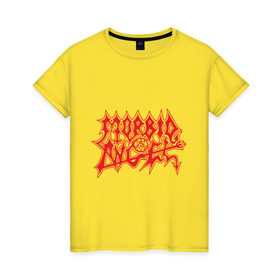 Женская футболка хлопок с принтом Morbid Angel , 100% хлопок | прямой крой, круглый вырез горловины, длина до линии бедер, слегка спущенное плечо | Тематика изображения на принте: death metal