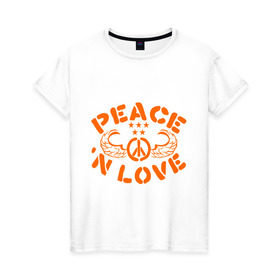 Женская футболка хлопок с принтом Peace n Love , 100% хлопок | прямой крой, круглый вырез горловины, длина до линии бедер, слегка спущенное плечо | хиппи