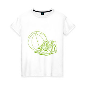 Женская футболка хлопок с принтом Баскетбол (мяч и кеды) , 100% хлопок | прямой крой, круглый вырез горловины, длина до линии бедер, слегка спущенное плечо | баскетбольный мяч | кеды