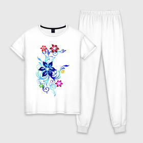 Женская пижама хлопок с принтом Цветы Пандоры , 100% хлопок | брюки и футболка прямого кроя, без карманов, на брюках мягкая резинка на поясе и по низу штанин | букет | цветочки | цветы