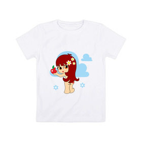 Детская футболка хлопок с принтом Девочка с яблочком , 100% хлопок | круглый вырез горловины, полуприлегающий силуэт, длина до линии бедер | Тематика изображения на принте: 