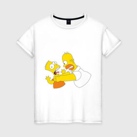 Женская футболка хлопок с принтом Гомер душит Барта , 100% хлопок | прямой крой, круглый вырез горловины, длина до линии бедер, слегка спущенное плечо | гомер