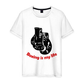 Мужская футболка хлопок с принтом BOXING is my life , 100% хлопок | прямой крой, круглый вырез горловины, длина до линии бедер, слегка спущенное плечо. | Тематика изображения на принте: емельяненко