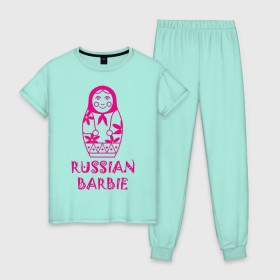 Женская пижама хлопок с принтом Русская Барби , 100% хлопок | брюки и футболка прямого кроя, без карманов, на брюках мягкая резинка на поясе и по низу штанин | russian barbie | кукла | матрешка | русская барби | символ россии