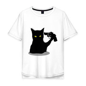 Мужская футболка хлопок Oversize с принтом Black Cat Shooter , 100% хлопок | свободный крой, круглый ворот, “спинка” длиннее передней части | кот | кошка | кошка с пистолетом | кошки | пистолет | револьвер | черная кошка
